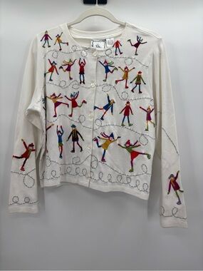 Micheal Simon Lite Ice Skaters Embroidered Cardigan Sweater Size Large